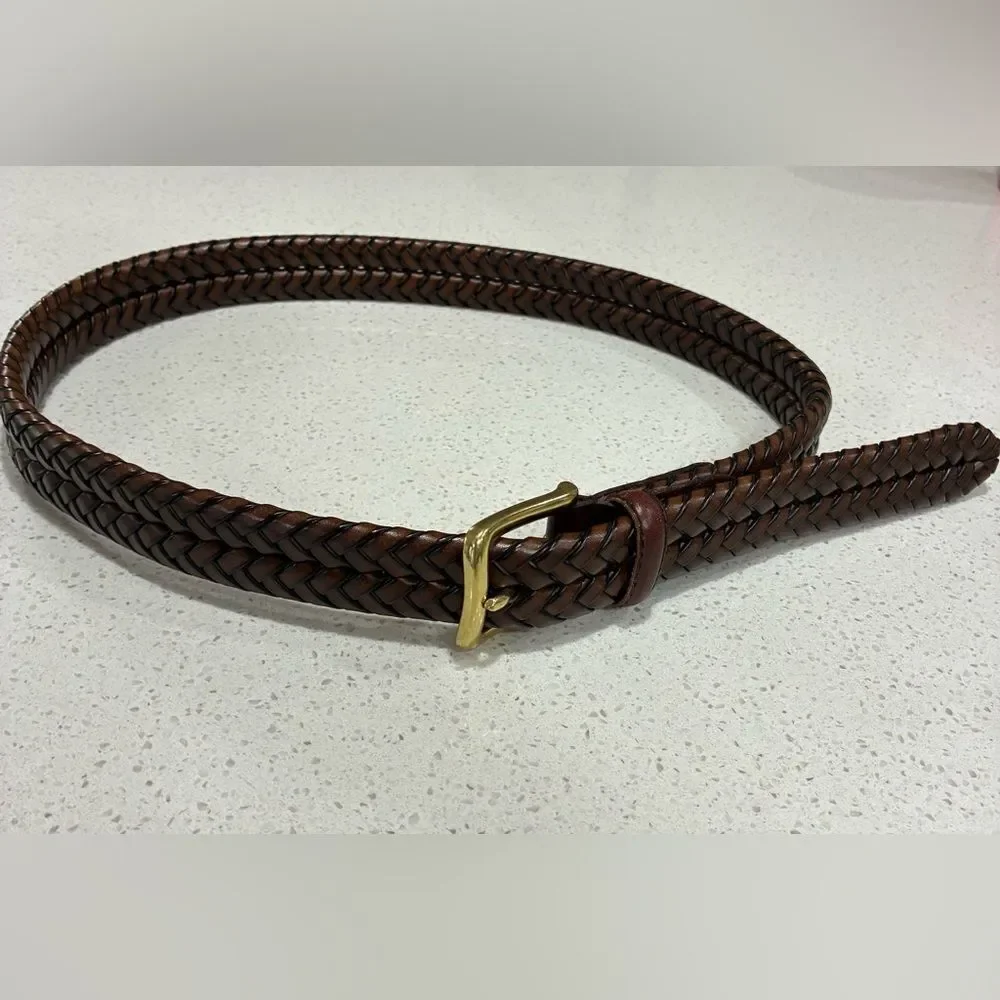 Fossil Vintage Brown Braided Leather Belt Size 34 Brass Buckle LNWT